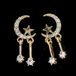 Dainty Moon Star Dangle Rhinestone Earrings NWT
